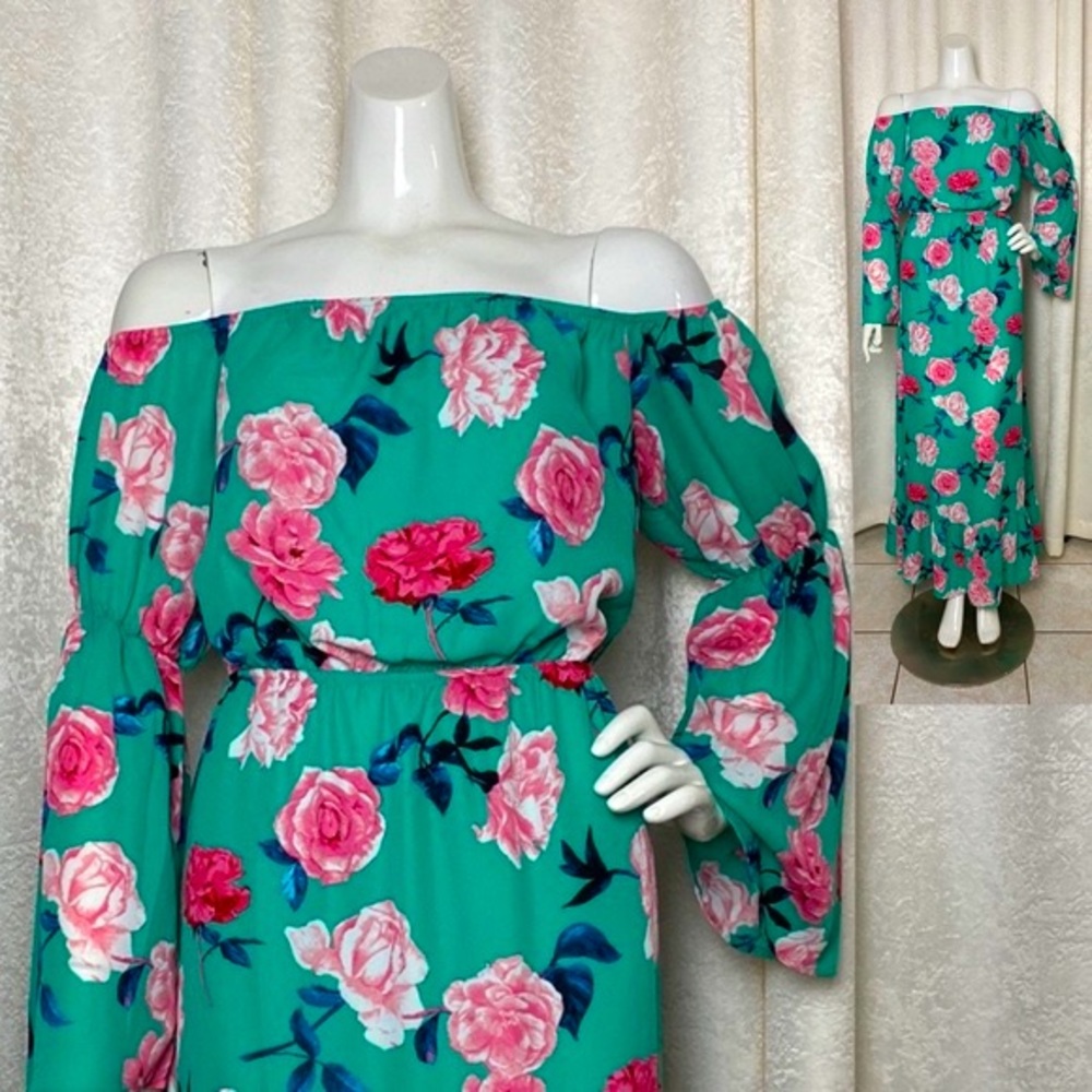 LATOWNE | Flowy Off-Shoulder Seafoam Dress with Pink Flowers | Summer/Spring